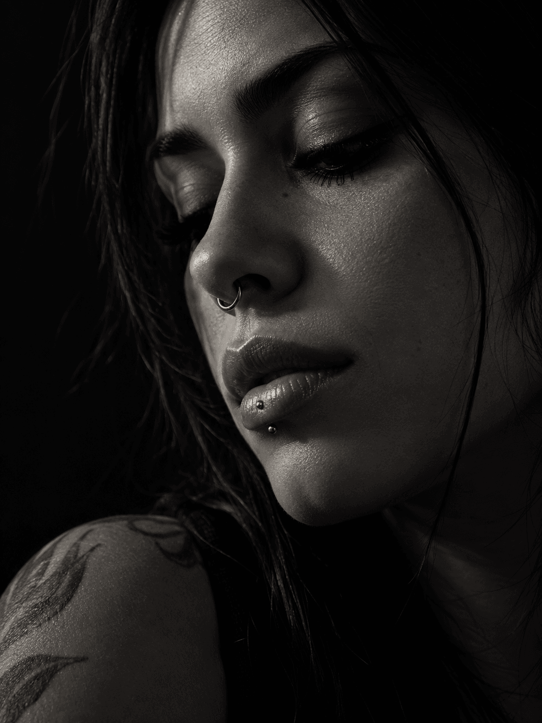 Retrato em preto e branco com piercings faciais.